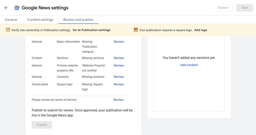 Google News review and publish tab